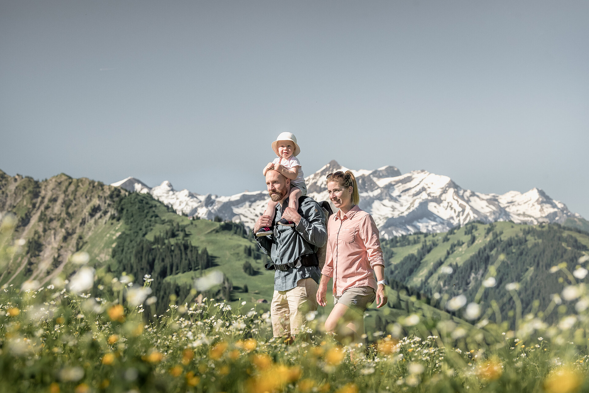 <p>Familie mit einem kleinen Kind wandert durch die Blumenwiesen bei sommerlichem Wetter.&nbsp;</p>